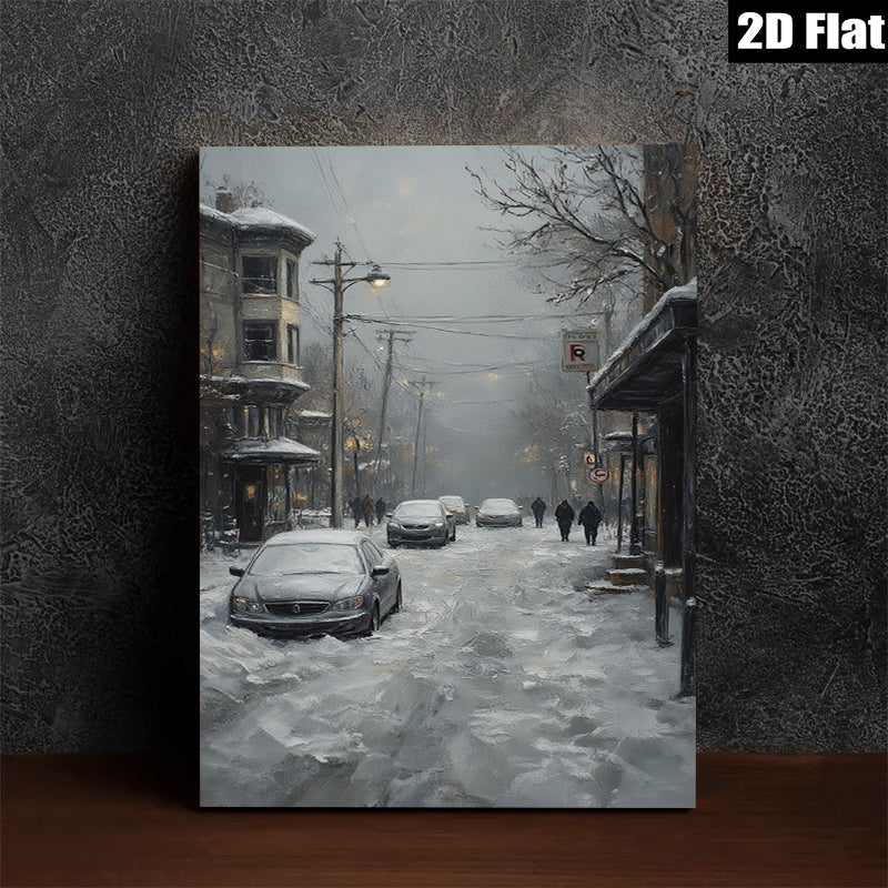 2D flat 1pc Winter Street Scene Snowy Cityscape Canvas Wall Art Living Room Bedroom Decor Farmhouse Style Modern Gallery Wrapped Ready To Hang