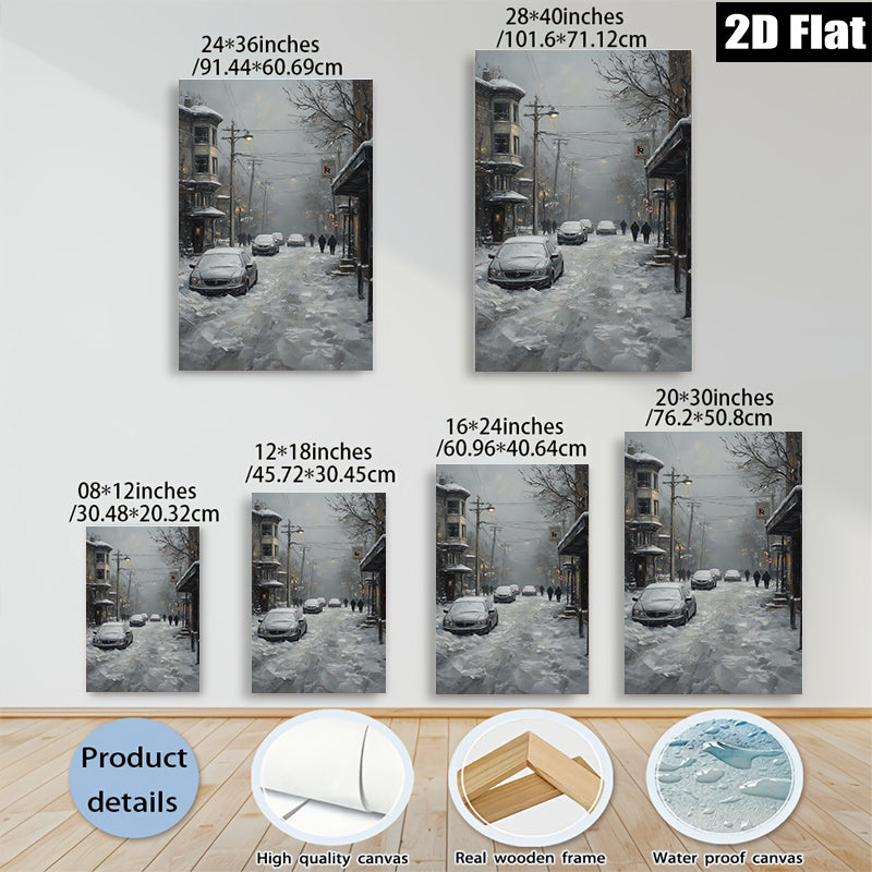 2D flat 1pc Winter Street Scene Snowy Cityscape Canvas Wall Art Living Room Bedroom Decor Farmhouse Style Modern Gallery Wrapped Ready To Hang
