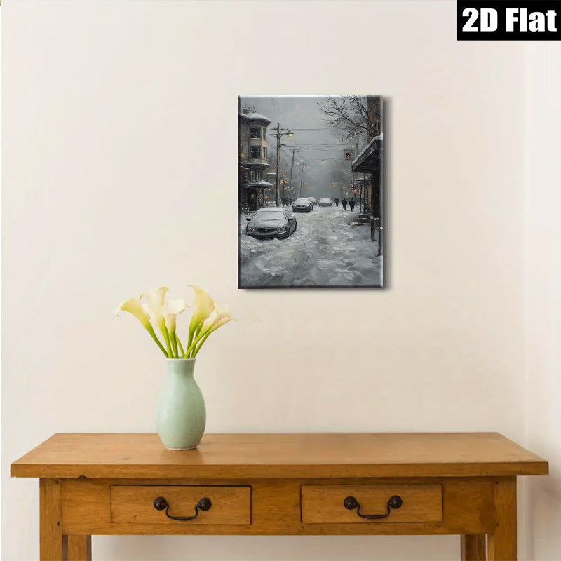 2D flat 1pc Winter Street Scene Snowy Cityscape Canvas Wall Art Living Room Bedroom Decor Farmhouse Style Modern Gallery Wrapped Ready To Hang