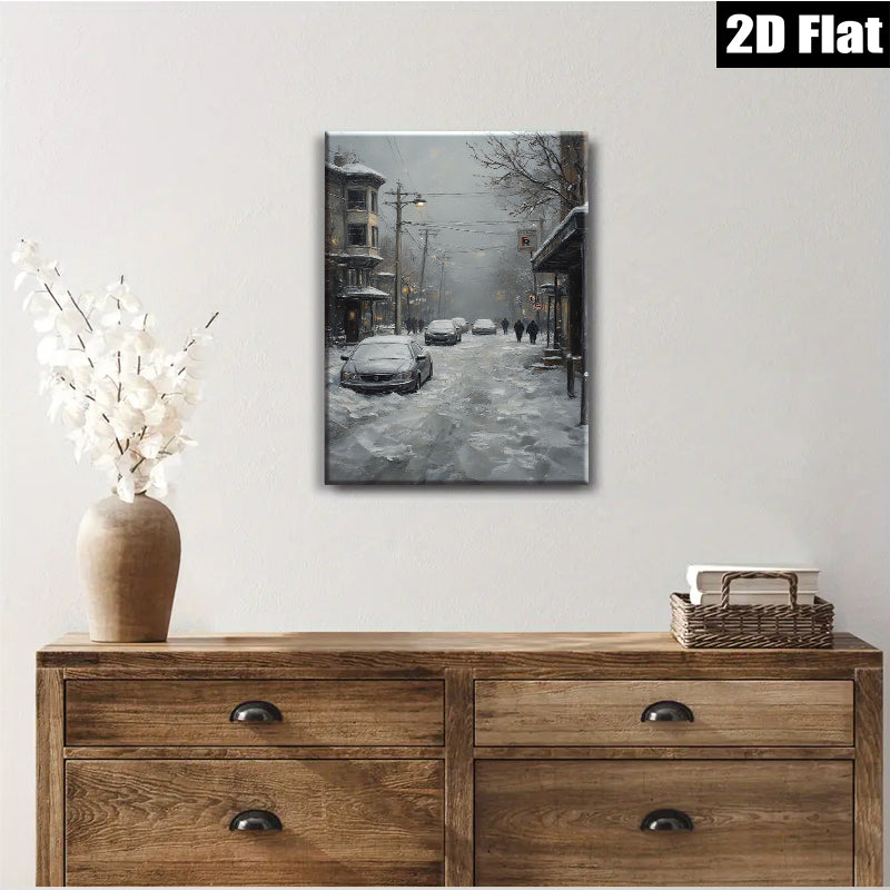 2D flat 1pc Winter Street Scene Snowy Cityscape Canvas Wall Art Living Room Bedroom Decor Farmhouse Style Modern Gallery Wrapped Ready To Hang