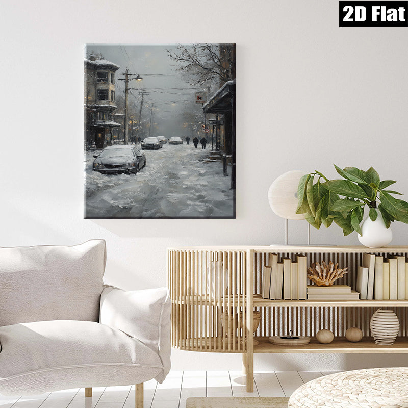 2D flat 1pc Winter Street Scene Snowy Cityscape Canvas Wall Art Living Room Bedroom Decor Farmhouse Style Modern Gallery Wrapped Ready To Hang