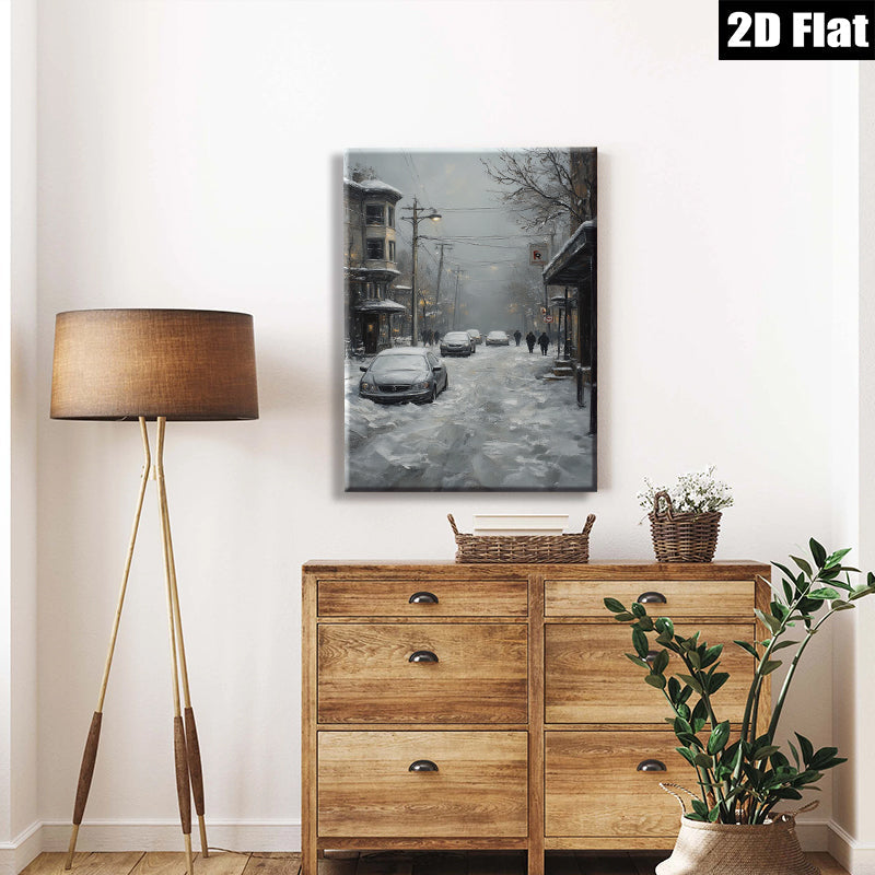 2D flat 1pc Winter Street Scene Snowy Cityscape Canvas Wall Art Living Room Bedroom Decor Farmhouse Style Modern Gallery Wrapped Ready To Hang