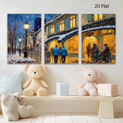2D flat 1pc Winter Street Scene Warm Lights Cozy Evening Canvas Wall Art for Living Room Bedroom Home Decor Modern Farmhouse Style