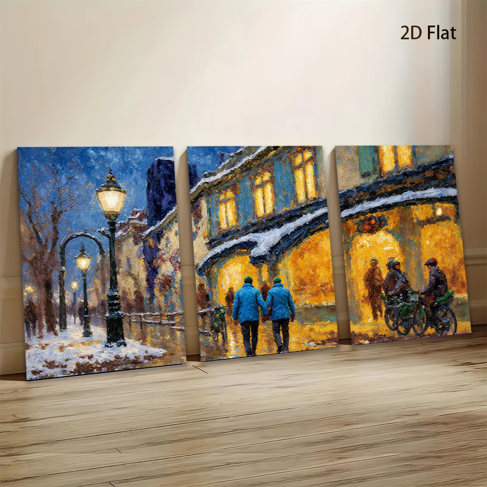 2D flat 1pc Winter Street Scene Warm Lights Cozy Evening Canvas Wall Art for Living Room Bedroom Home Decor Modern Farmhouse Style