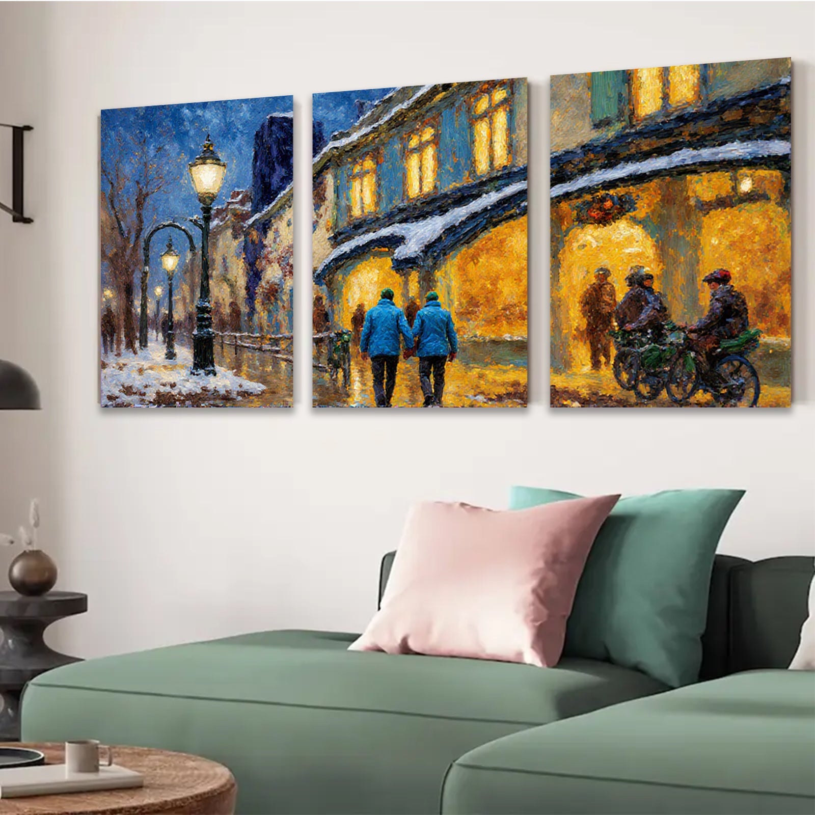 2D flat 1pc Winter Street Scene Warm Lights Cozy Evening Canvas Wall Art for Living Room Bedroom Home Decor Modern Farmhouse Style