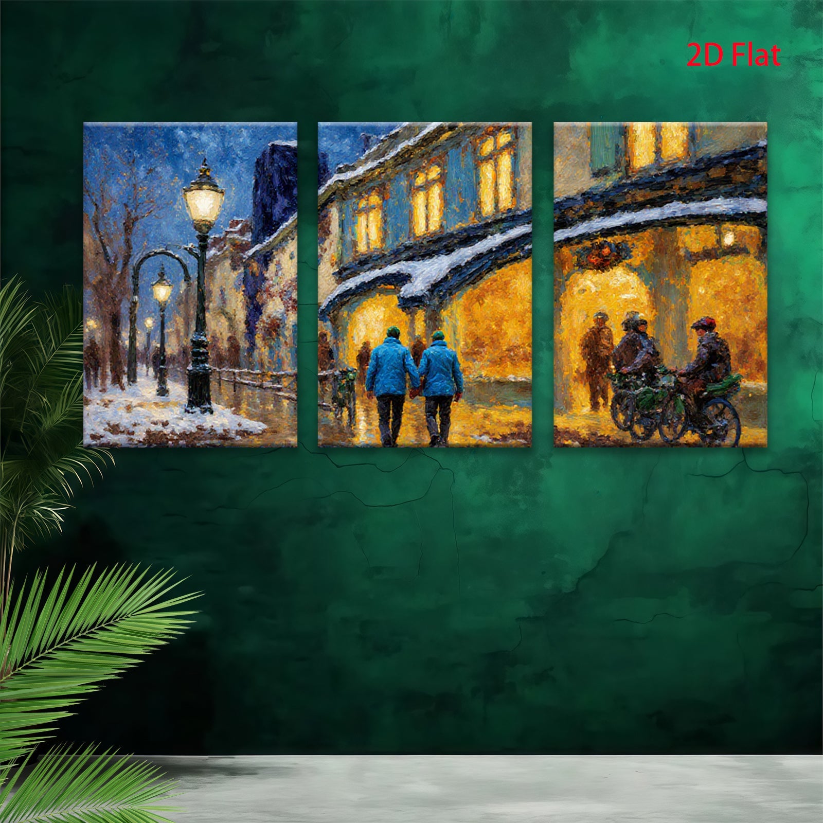 2D flat 1pc Winter Street Scene Warm Lights Cozy Evening Canvas Wall Art for Living Room Bedroom Home Decor Modern Farmhouse Style