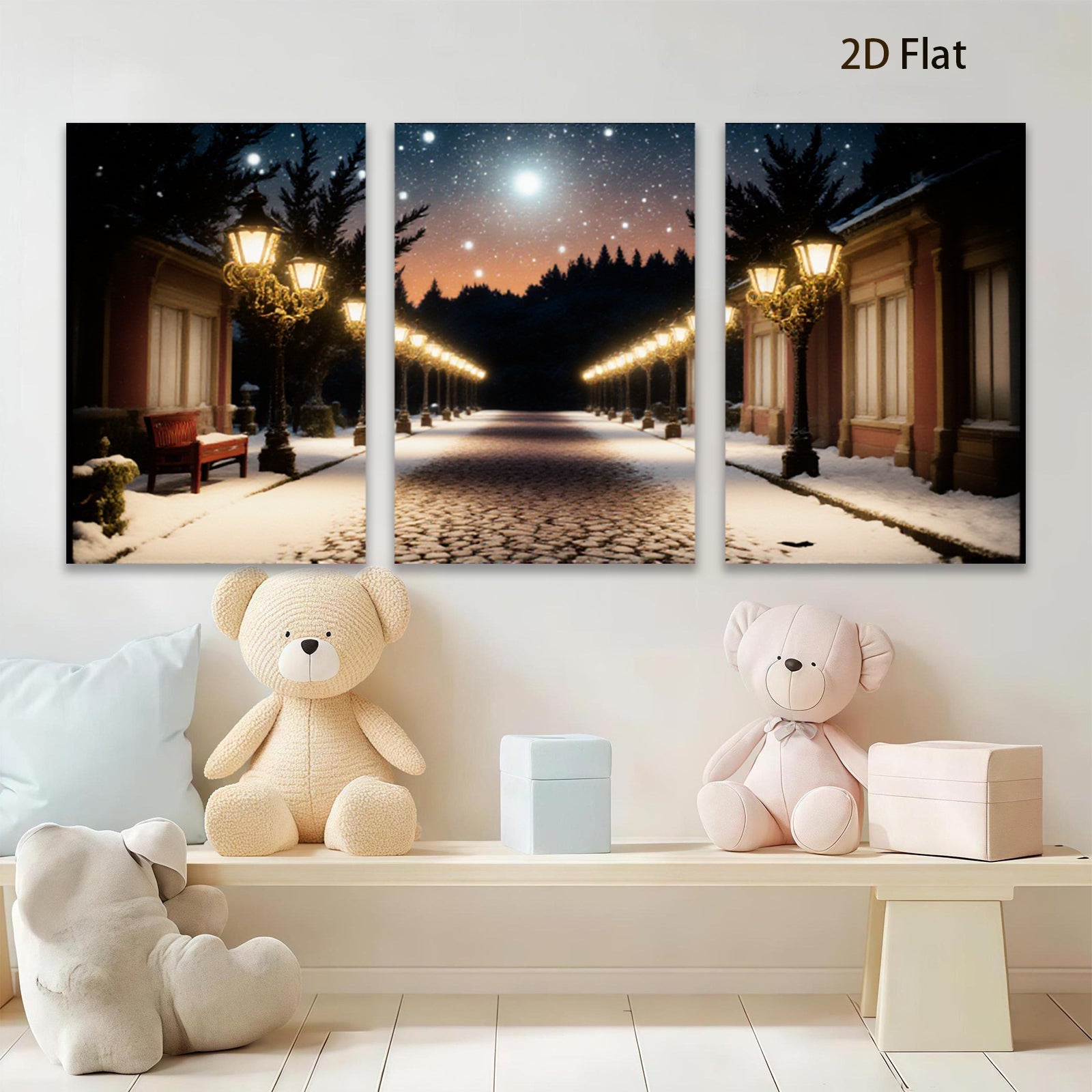 2D flat 1pc Winter Street Snow Scene Wall Art Living Room Bedroom Home Decor Farmhouse Style Gallery Wrapped Canvas Prints Modern Artwork Cozy Vibes