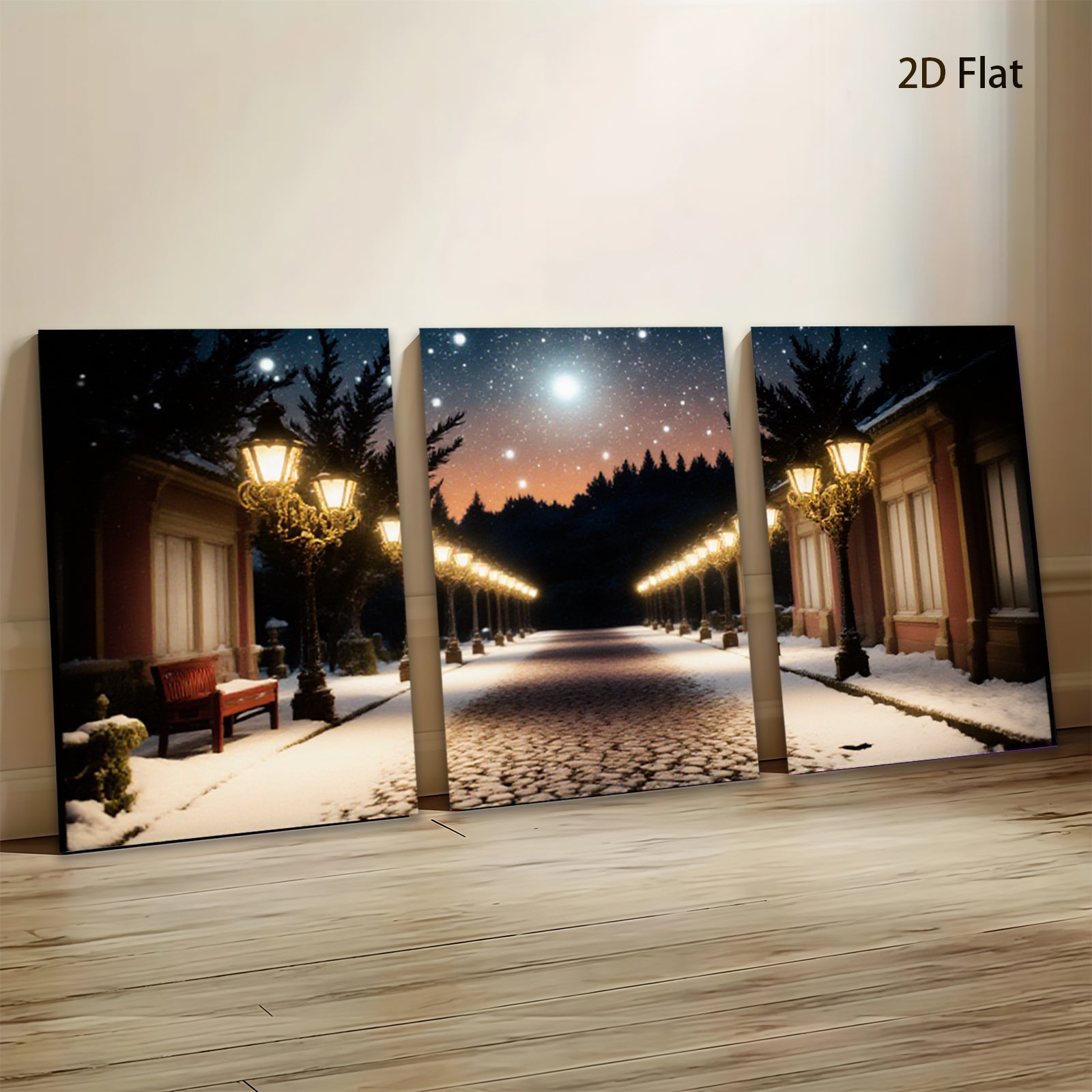 2D flat 1pc Winter Street Snow Scene Wall Art Living Room Bedroom Home Decor Farmhouse Style Gallery Wrapped Canvas Prints Modern Artwork Cozy Vibes