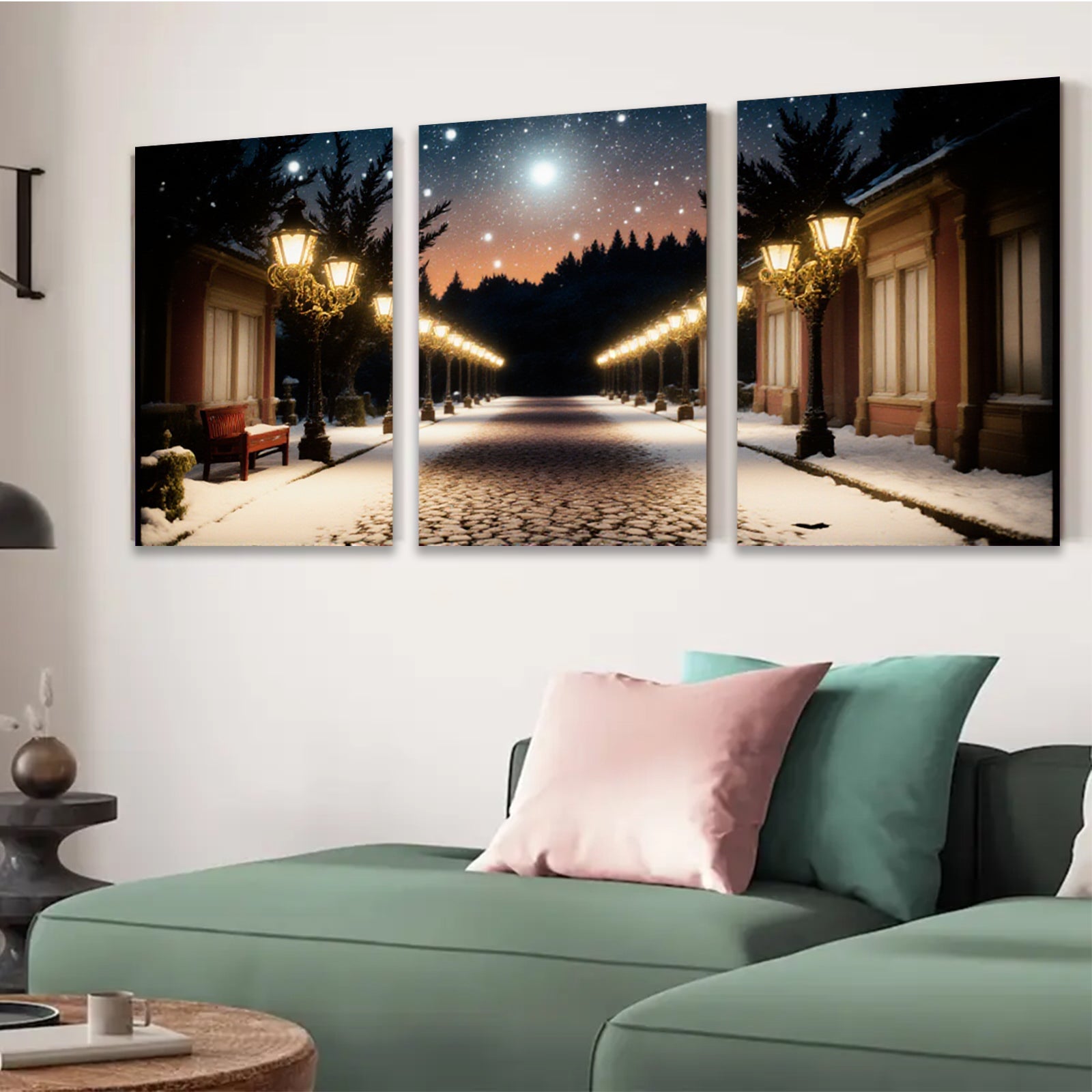 2D flat 1pc Winter Street Snow Scene Wall Art Living Room Bedroom Home Decor Farmhouse Style Gallery Wrapped Canvas Prints Modern Artwork Cozy Vibes