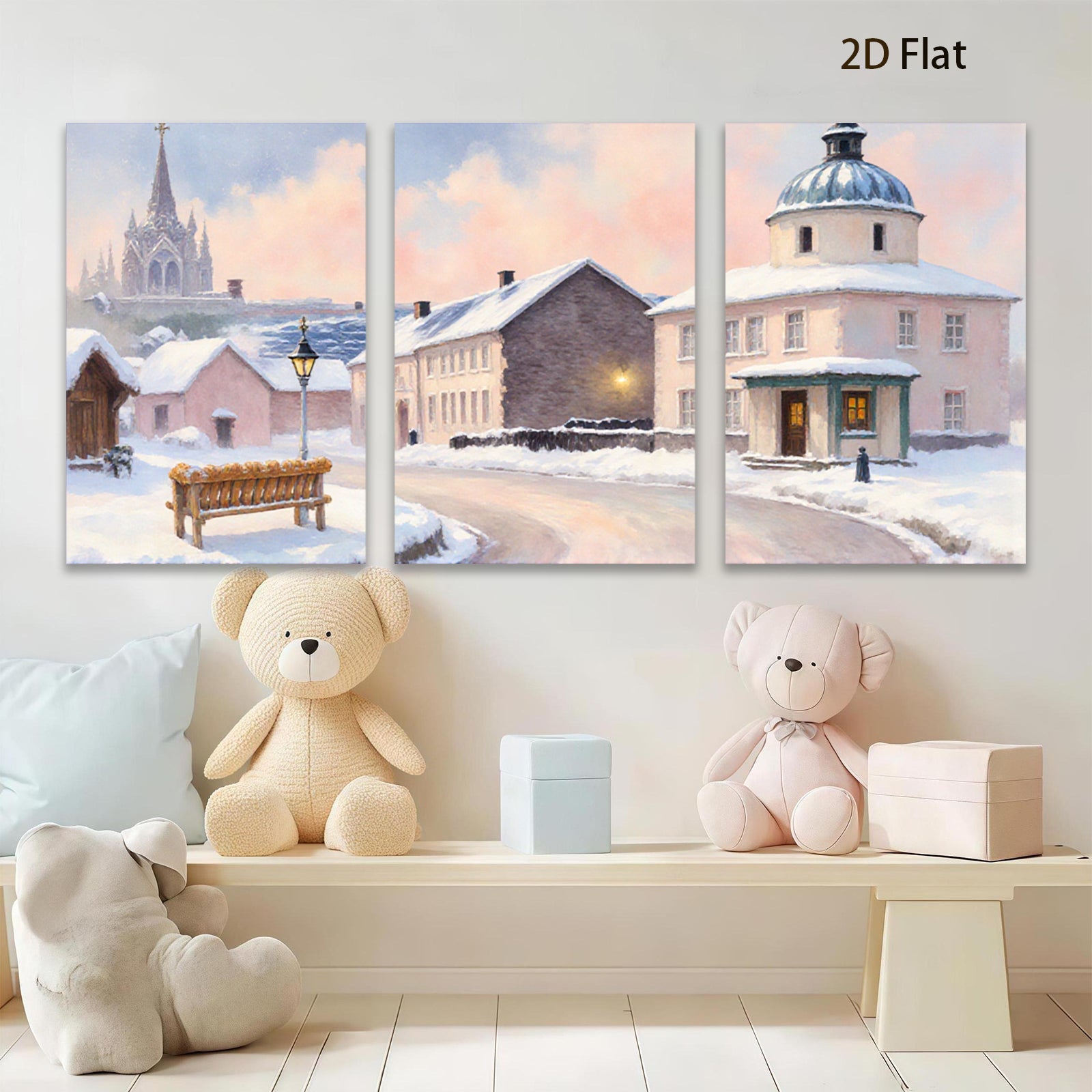 2D flat 1pc Winter Village Scene Cozy Snow Covered Streets Farmhouse Wall Art Living Room Bedroom Decor Gallery Wrapped Canvas Prints Modern Home Accents