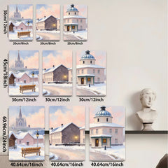 2D flat 1pc Winter Village Scene Cozy Snow Covered Streets Farmhouse Wall Art Living Room Bedroom Decor Gallery Wrapped Canvas Prints Modern Home Accents