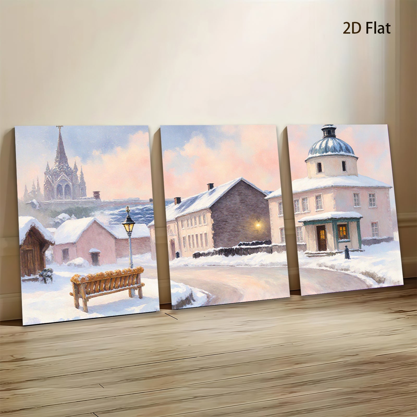 2D flat 1pc Winter Village Scene Cozy Snow Covered Streets Farmhouse Wall Art Living Room Bedroom Decor Gallery Wrapped Canvas Prints Modern Home Accents