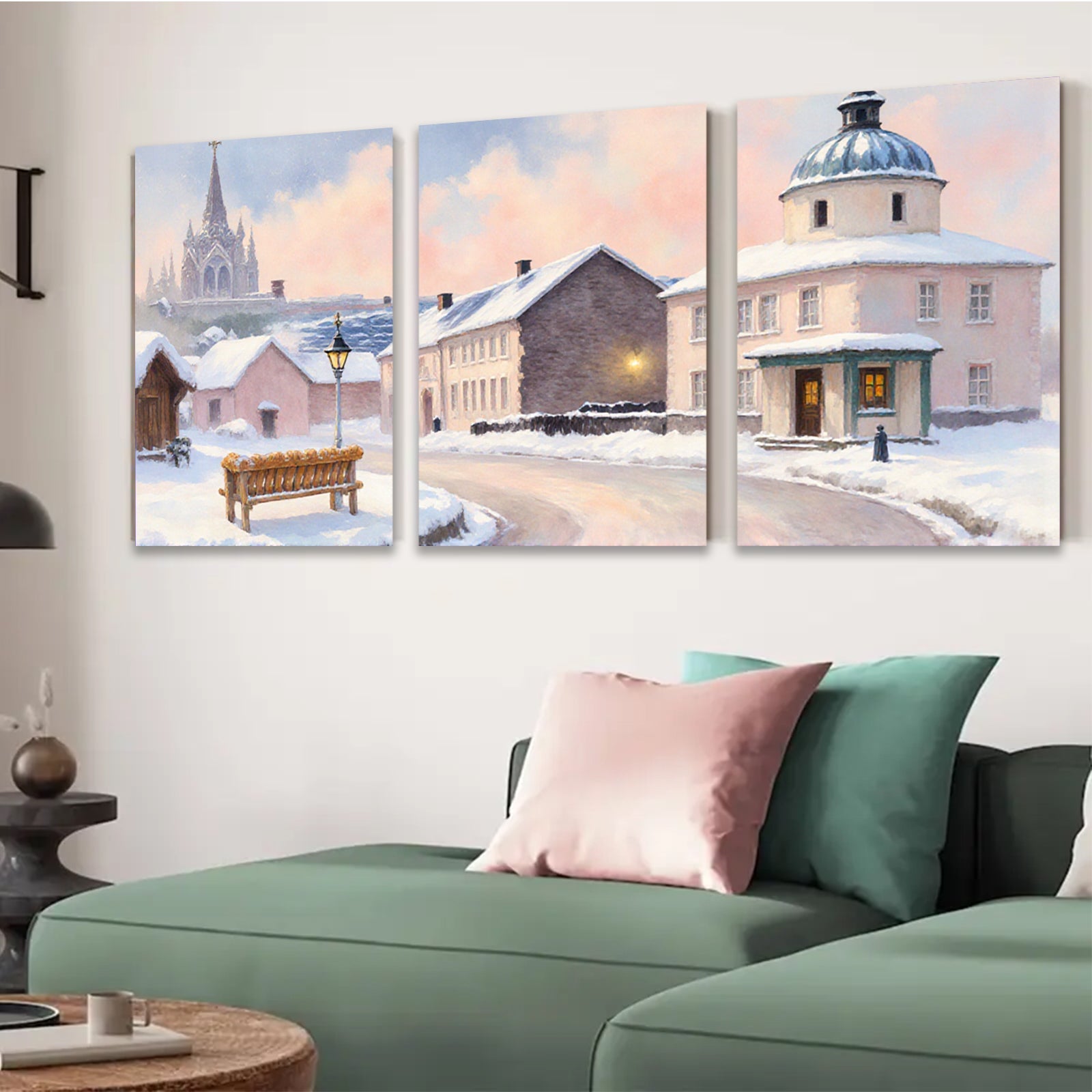 2D flat 1pc Winter Village Scene Cozy Snow Covered Streets Farmhouse Wall Art Living Room Bedroom Decor Gallery Wrapped Canvas Prints Modern Home Accents