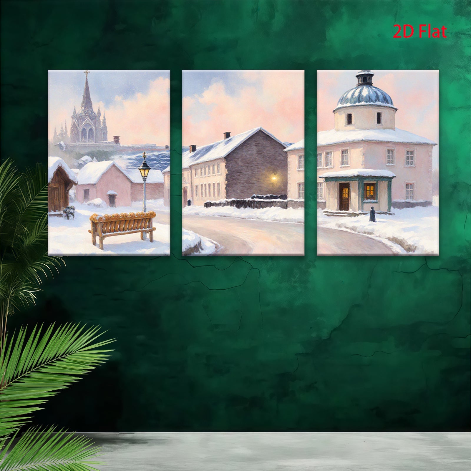 2D flat 1pc Winter Village Scene Cozy Snow Covered Streets Farmhouse Wall Art Living Room Bedroom Decor Gallery Wrapped Canvas Prints Modern Home Accents
