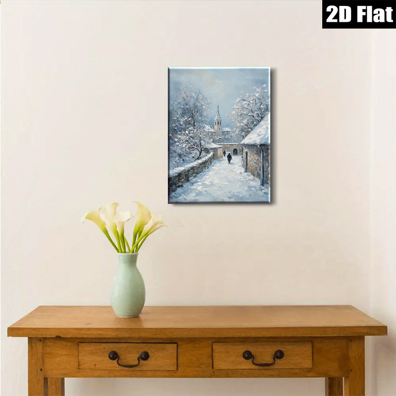 2D flat 1pc Winter Village Scene Snow Covered Pathway Cozy Rustic Farmhouse Wall Decor Living Room Bedroom Art Prints Canvas Paintings Modern Home Décor