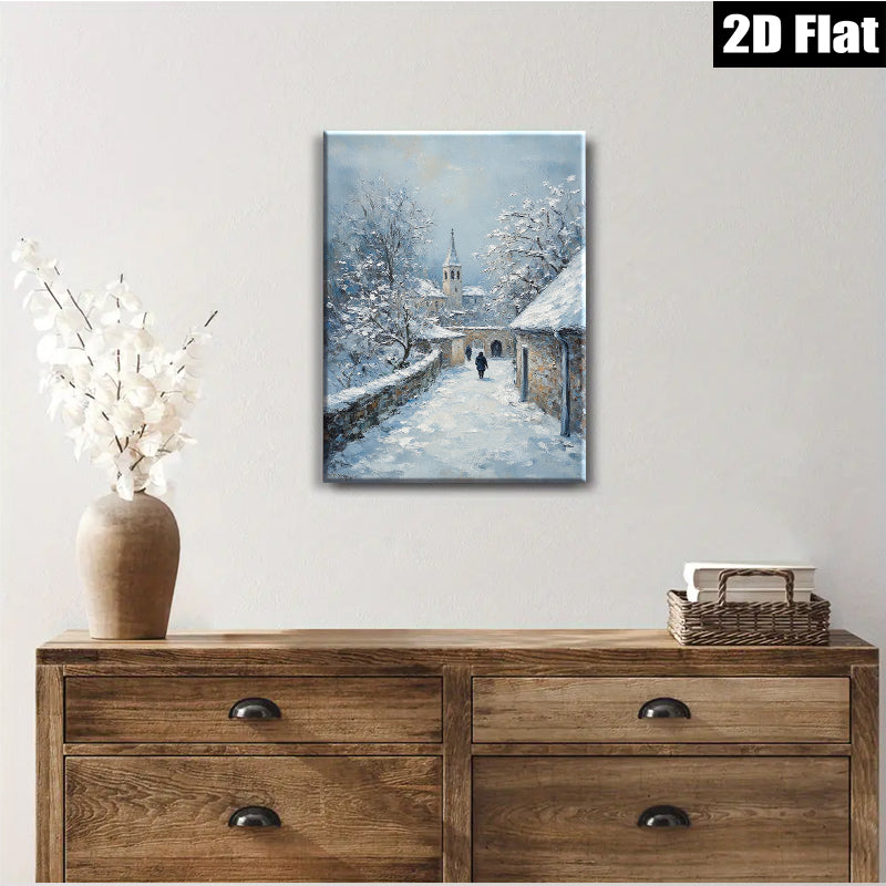 2D flat 1pc Winter Village Scene Snow Covered Pathway Cozy Rustic Farmhouse Wall Decor Living Room Bedroom Art Prints Canvas Paintings Modern Home Décor