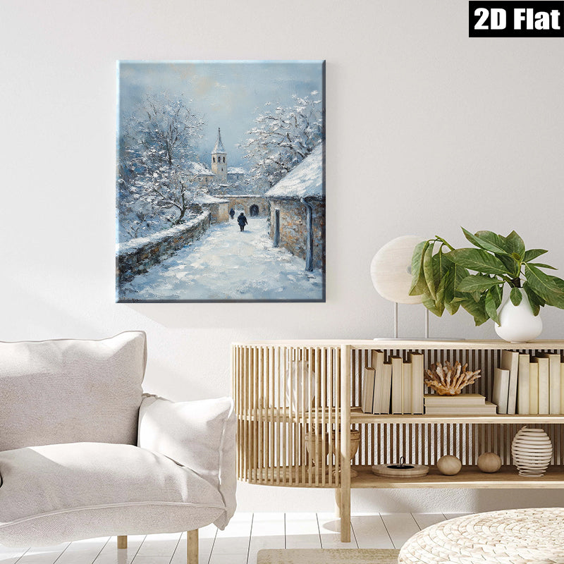 2D flat 1pc Winter Village Scene Snow Covered Pathway Cozy Rustic Farmhouse Wall Decor Living Room Bedroom Art Prints Canvas Paintings Modern Home Décor