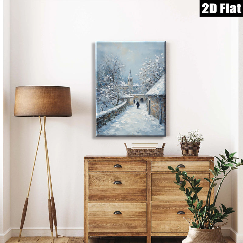 2D flat 1pc Winter Village Scene Snow Covered Pathway Cozy Rustic Farmhouse Wall Decor Living Room Bedroom Art Prints Canvas Paintings Modern Home Décor