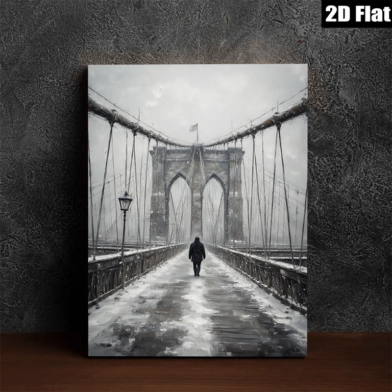 2D flat 1pc Winter Walk Across Brooklyn Bridge Snow Scene Wall Art Living Room Decor Farmhouse Style Gallery Wrapped Canvas Prints for Bedroom Modern Minimalist