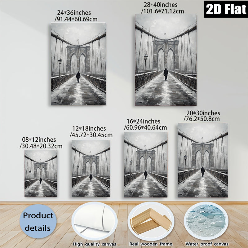 2D flat 1pc Winter Walk Across Brooklyn Bridge Snow Scene Wall Art Living Room Decor Farmhouse Style Gallery Wrapped Canvas Prints for Bedroom Modern Minimalist