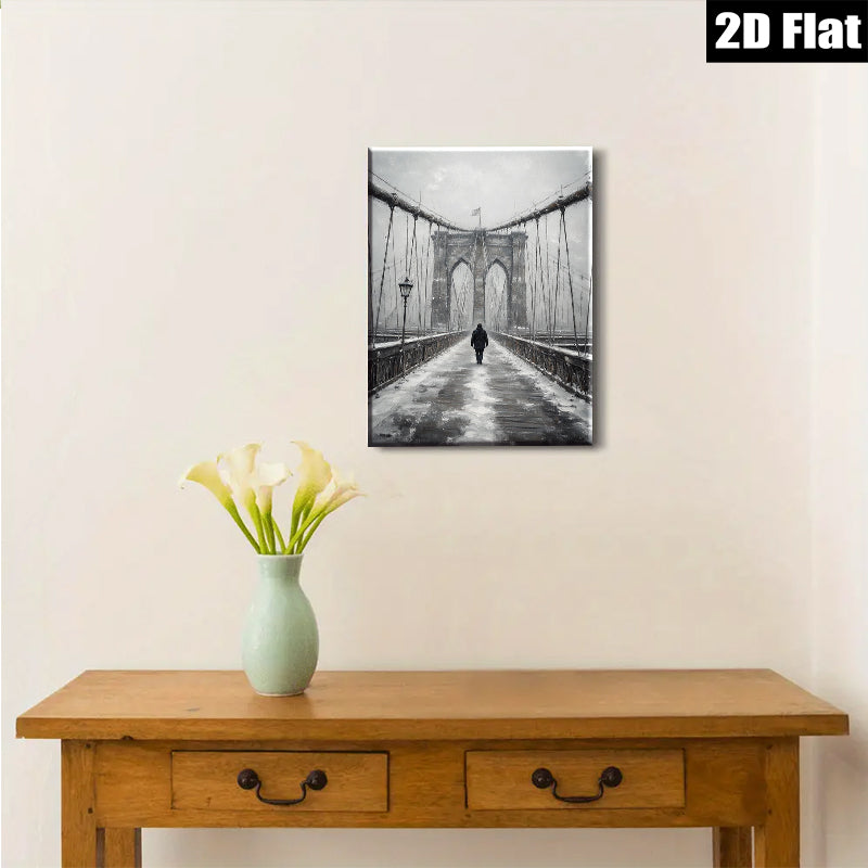 2D flat 1pc Winter Walk Across Brooklyn Bridge Snow Scene Wall Art Living Room Decor Farmhouse Style Gallery Wrapped Canvas Prints for Bedroom Modern Minimalist