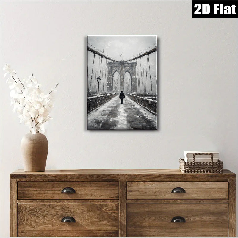 2D flat 1pc Winter Walk Across Brooklyn Bridge Snow Scene Wall Art Living Room Decor Farmhouse Style Gallery Wrapped Canvas Prints for Bedroom Modern Minimalist