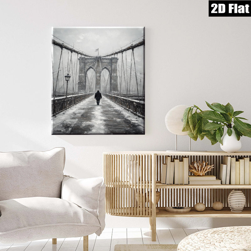 2D flat 1pc Winter Walk Across Brooklyn Bridge Snow Scene Wall Art Living Room Decor Farmhouse Style Gallery Wrapped Canvas Prints for Bedroom Modern Minimalist