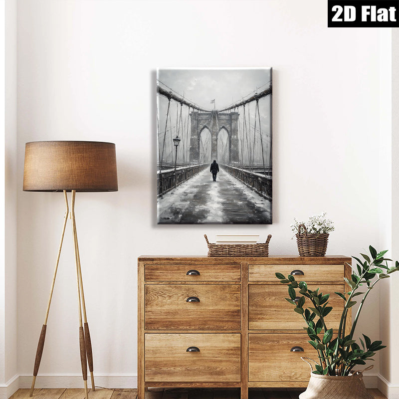 2D flat 1pc Winter Walk Across Brooklyn Bridge Snow Scene Wall Art Living Room Decor Farmhouse Style Gallery Wrapped Canvas Prints for Bedroom Modern Minimalist