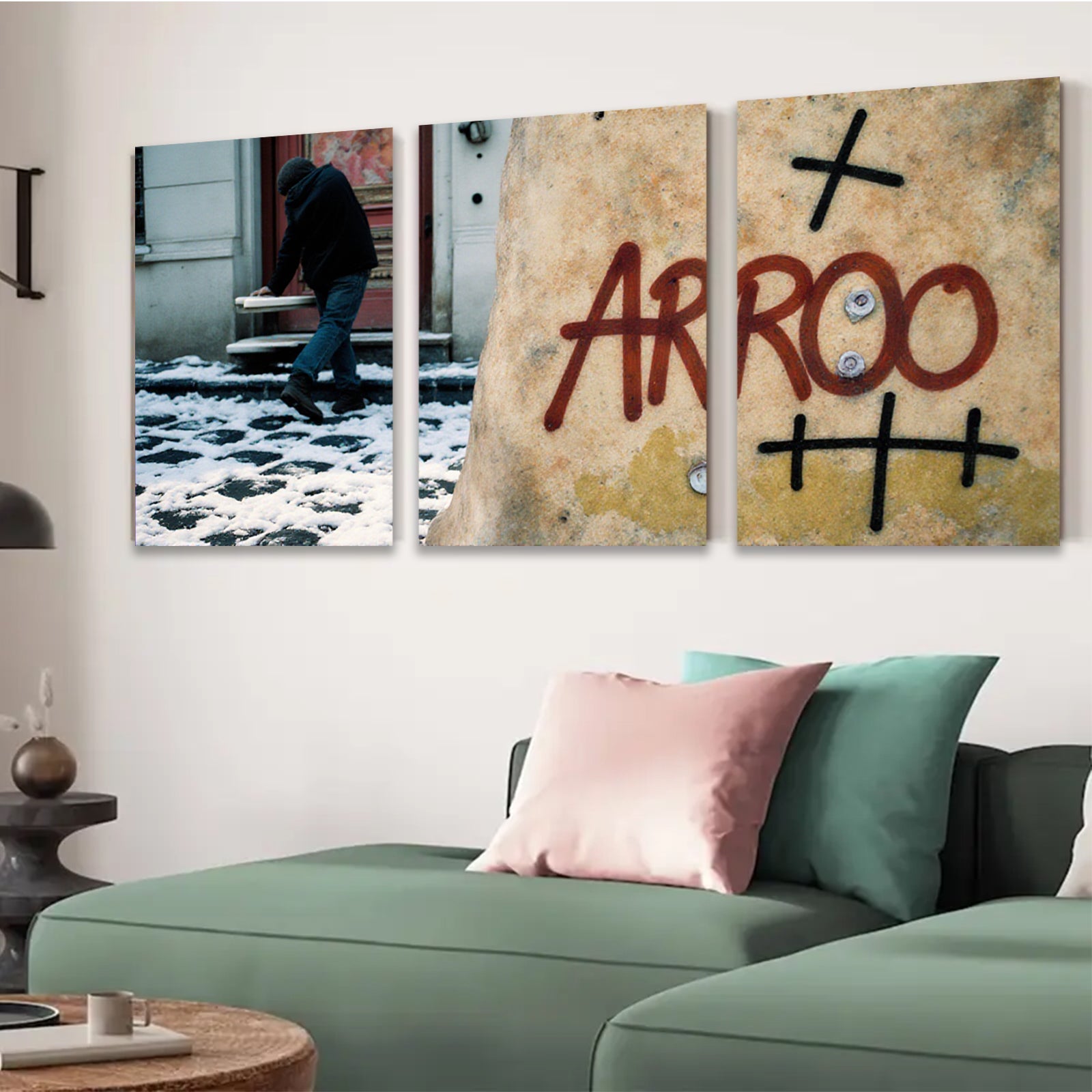 2D flat 1pc Winter street scene with graffiti bold urban wall art living room bedroom decor farmhouse style gallery wrapped canvas print modern minimalist