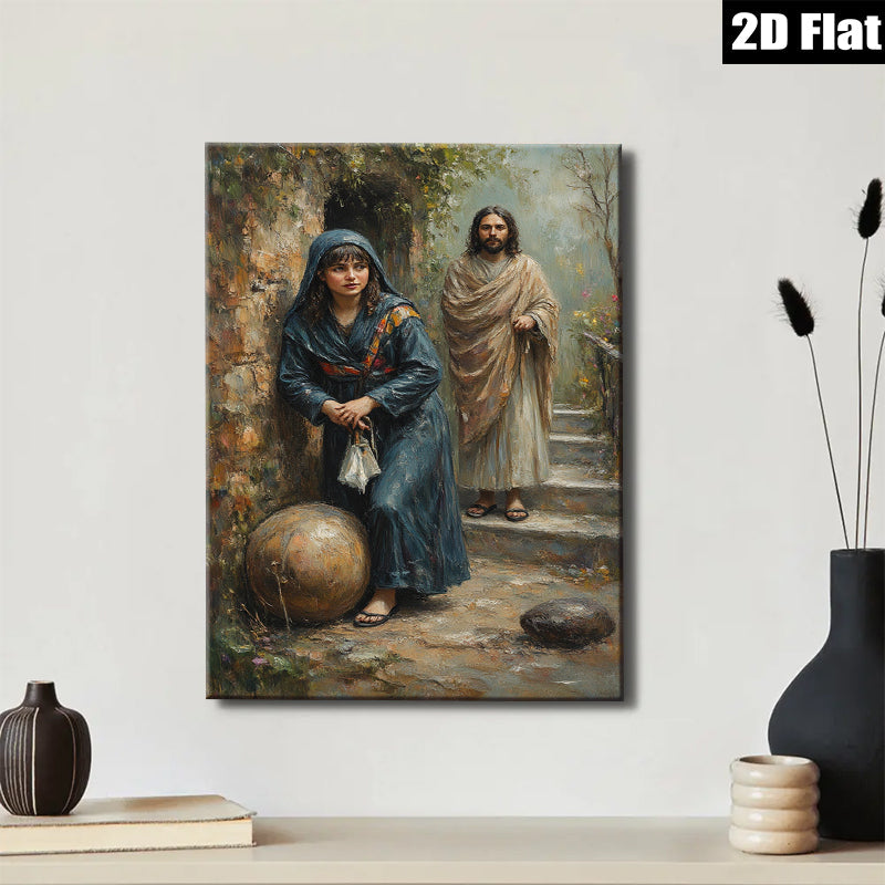2D flat 1pc Woman Resting Near Jesus Biblical Scene Wall Art Living Room Bedroom Decor Farmhouse Style Canvas Prints Religious Artwork Modern Home Decorations