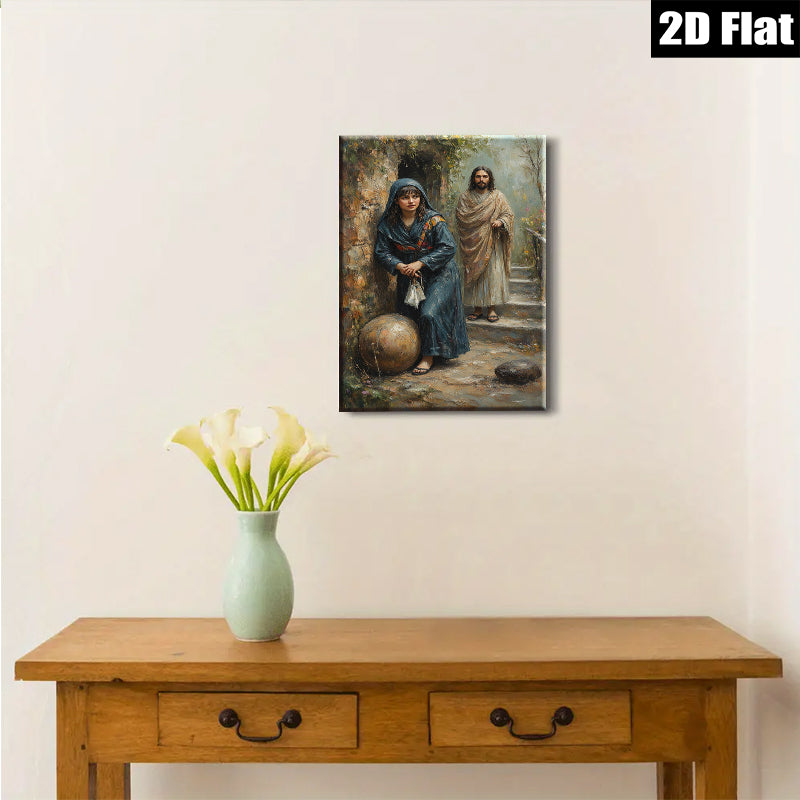 2D flat 1pc Woman Resting Near Jesus Biblical Scene Wall Art Living Room Bedroom Decor Farmhouse Style Canvas Prints Religious Artwork Modern Home Decorations