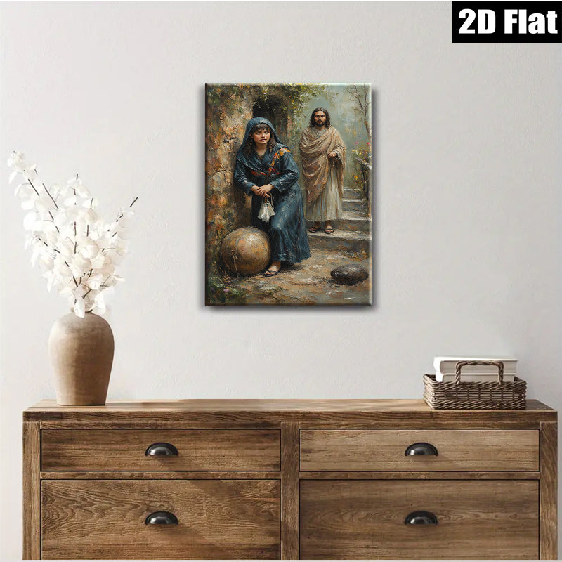 2D flat 1pc Woman Resting Near Jesus Biblical Scene Wall Art Living Room Bedroom Decor Farmhouse Style Canvas Prints Religious Artwork Modern Home Decorations