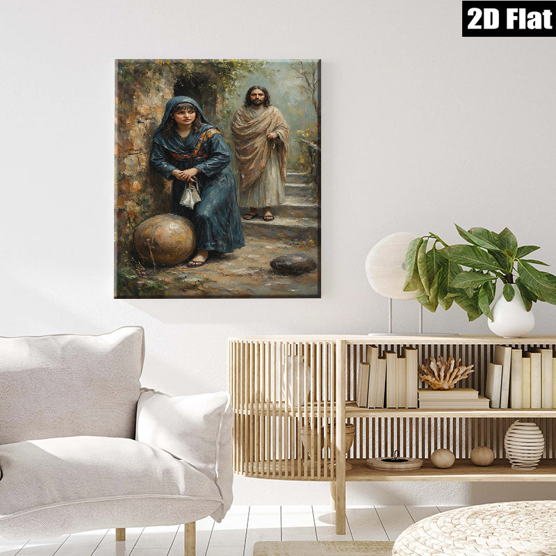 2D flat 1pc Woman Resting Near Jesus Biblical Scene Wall Art Living Room Bedroom Decor Farmhouse Style Canvas Prints Religious Artwork Modern Home Decorations