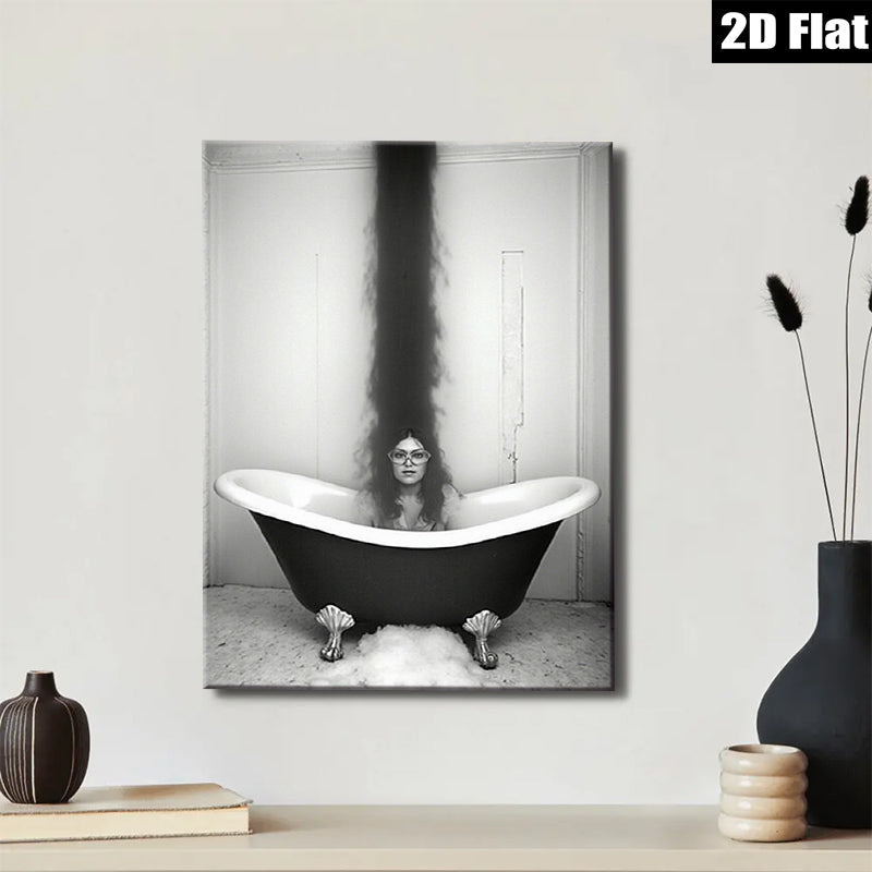 2D flat 1pc Woman in Tub Dramatic Hair Surreal Portrait Bathroom Wall Art Home Decor Living Room Bedroom Modern Farmhouse Gallery Wrapped Canvas Prints