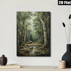2D flat 1pc Woodland Cabin Path Serene Forest Landscape Wall Decor For Living Room Bedroom Home Office Gallery Wrapped Canvas Prints Modern Farmhouse Rustic Style Cozy Aesthetic