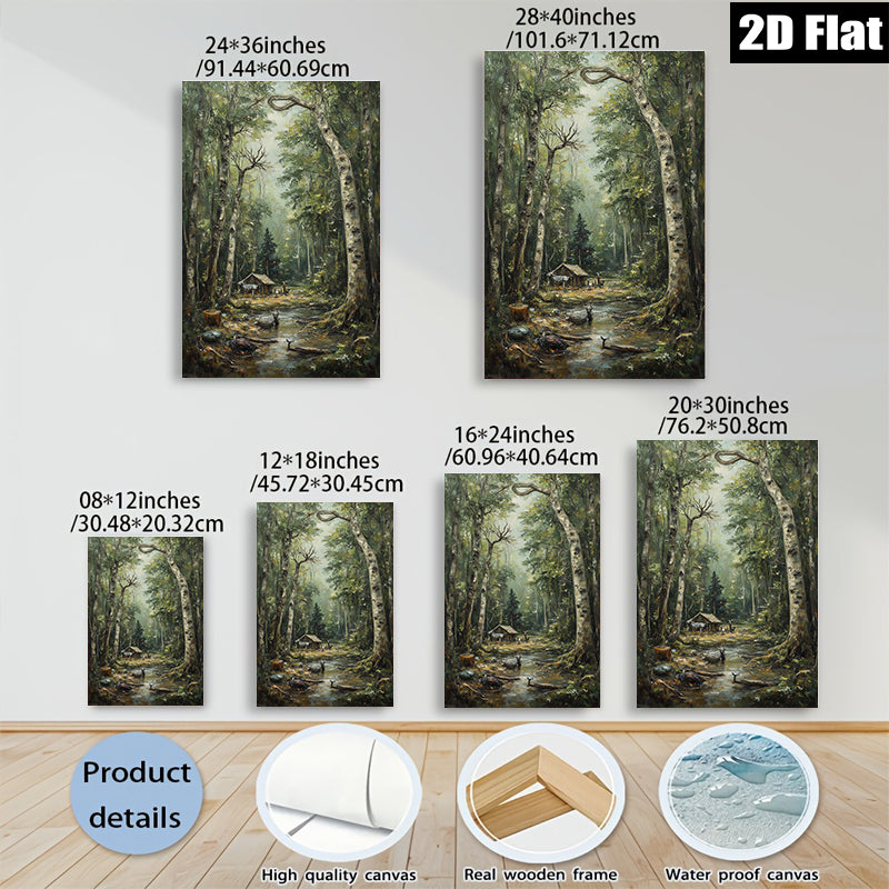 2D flat 1pc Woodland Cabin Path Serene Forest Landscape Wall Decor For Living Room Bedroom Home Office Gallery Wrapped Canvas Prints Modern Farmhouse Rustic Style Cozy Aesthetic