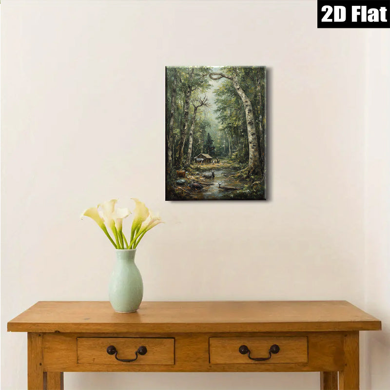 2D flat 1pc Woodland Cabin Path Serene Forest Landscape Wall Decor For Living Room Bedroom Home Office Gallery Wrapped Canvas Prints Modern Farmhouse Rustic Style Cozy Aesthetic