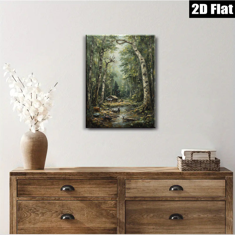2D flat 1pc Woodland Cabin Path Serene Forest Landscape Wall Decor For Living Room Bedroom Home Office Gallery Wrapped Canvas Prints Modern Farmhouse Rustic Style Cozy Aesthetic
