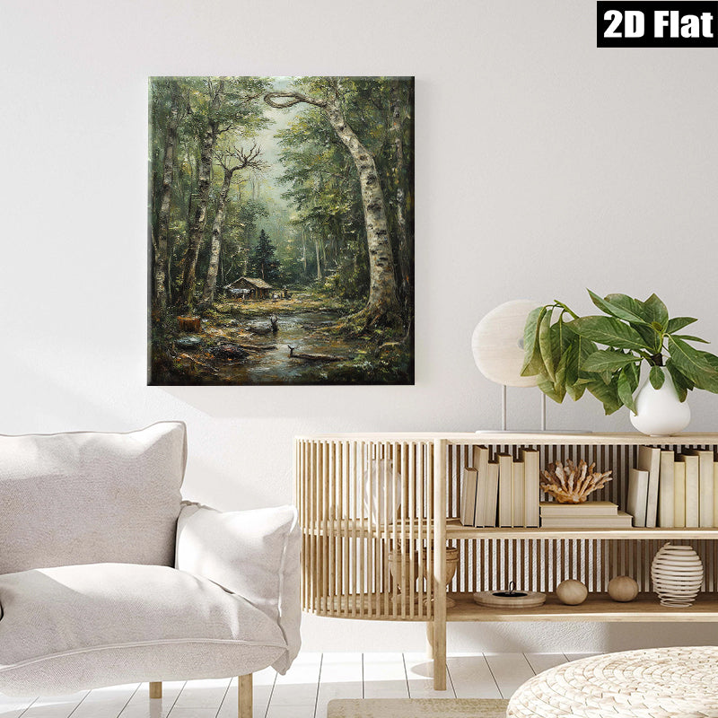 2D flat 1pc Woodland Cabin Path Serene Forest Landscape Wall Decor For Living Room Bedroom Home Office Gallery Wrapped Canvas Prints Modern Farmhouse Rustic Style Cozy Aesthetic
