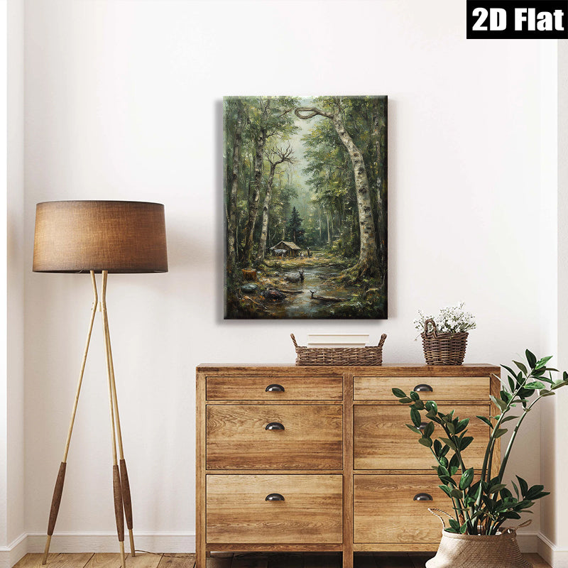 2D flat 1pc Woodland Cabin Path Serene Forest Landscape Wall Decor For Living Room Bedroom Home Office Gallery Wrapped Canvas Prints Modern Farmhouse Rustic Style Cozy Aesthetic