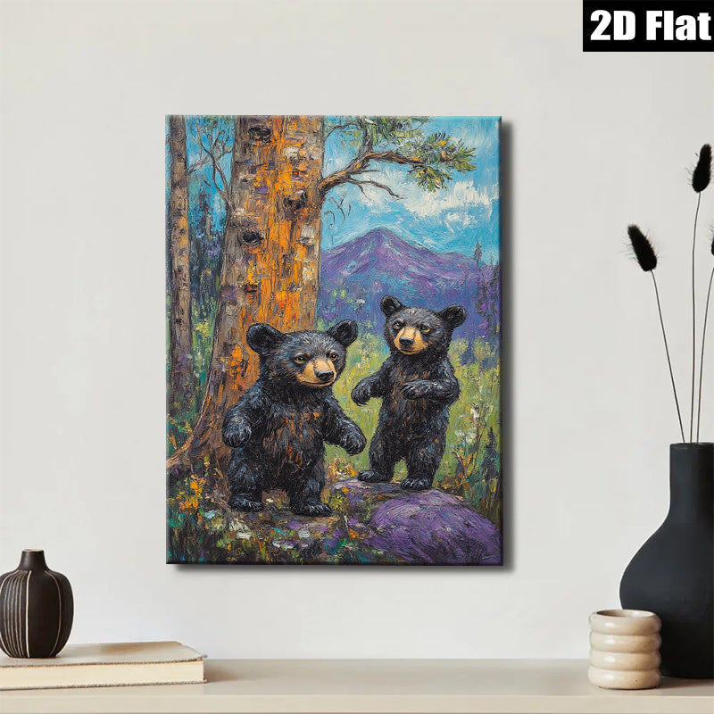 2D flat 1pc Woodland Cubs Playful Bears Forest Wildlife Wall Art Canvas Prints for Living Room Bedroom Decor Farmhouse Style Rustic Charm