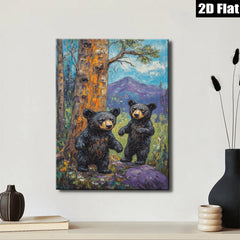 2D flat 1pc Woodland Cubs Playful Bears Forest Wildlife Wall Art Canvas Prints for Living Room Bedroom Decor Farmhouse Style Rustic Charm