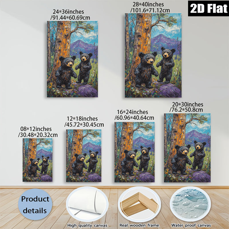 2D flat 1pc Woodland Cubs Playful Bears Forest Wildlife Wall Art Canvas Prints for Living Room Bedroom Decor Farmhouse Style Rustic Charm