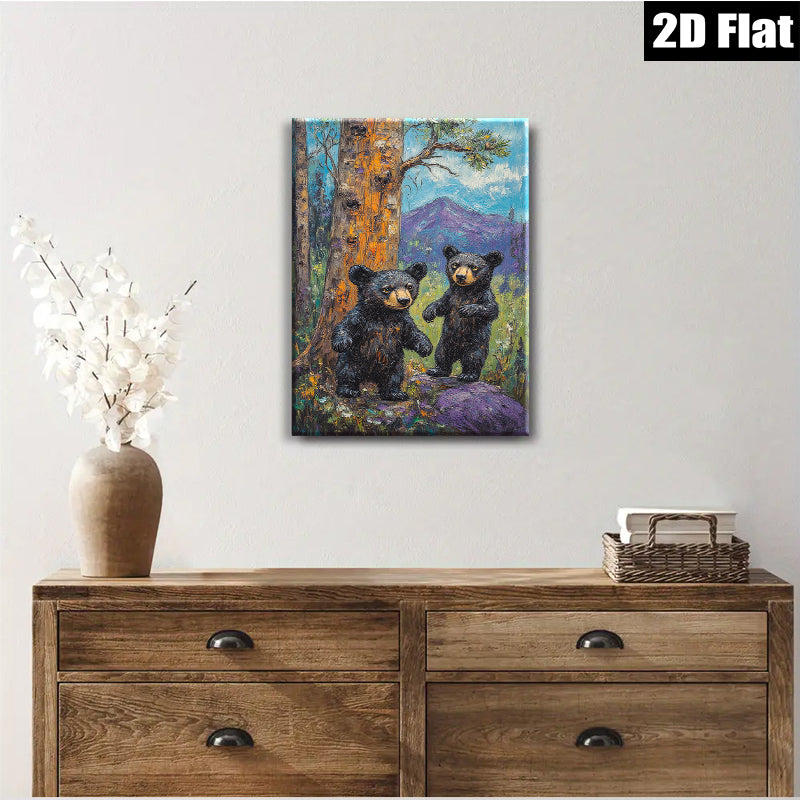 2D flat 1pc Woodland Cubs Playful Bears Forest Wildlife Wall Art Canvas Prints for Living Room Bedroom Decor Farmhouse Style Rustic Charm