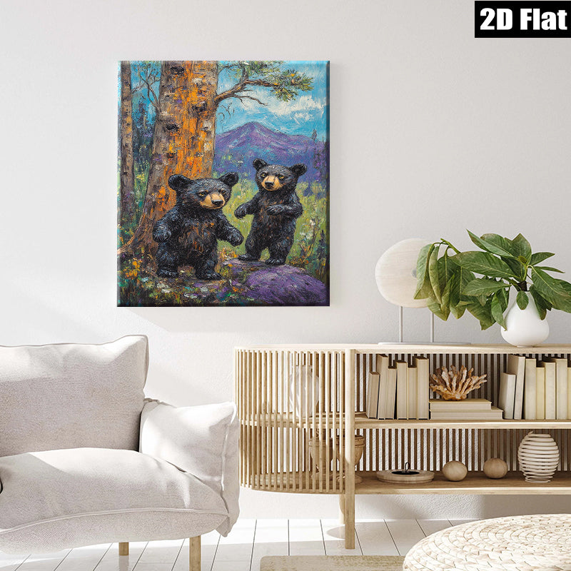 2D flat 1pc Woodland Cubs Playful Bears Forest Wildlife Wall Art Canvas Prints for Living Room Bedroom Decor Farmhouse Style Rustic Charm