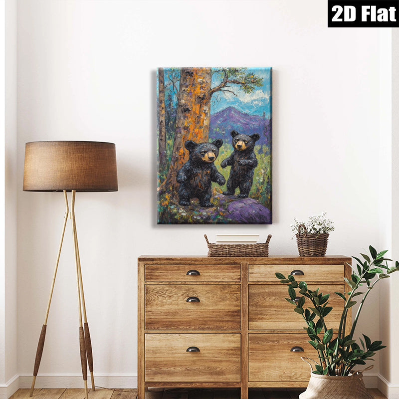 2D flat 1pc Woodland Cubs Playful Bears Forest Wildlife Wall Art Canvas Prints for Living Room Bedroom Decor Farmhouse Style Rustic Charm