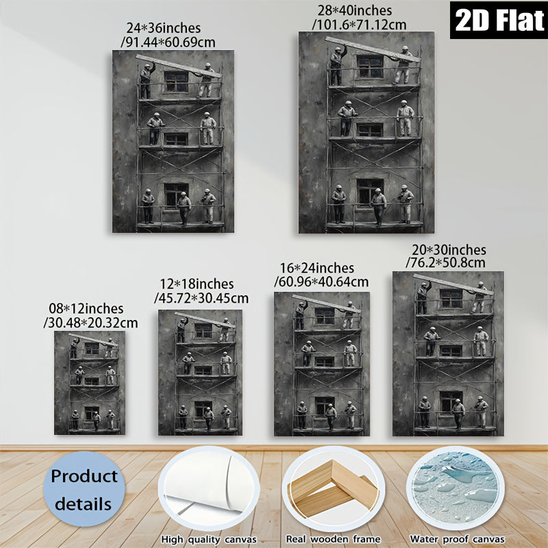2D flat 1pc Workers on Scaffolding Industrial Cityscape Wall Art Modern Farmhouse Living Room Decor Gallery Wrapped Canvas Prints Bedroom Artwork Trending Now