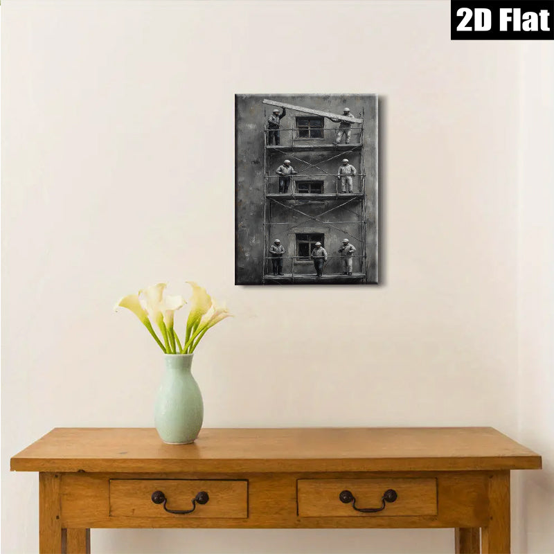 2D flat 1pc Workers on Scaffolding Industrial Cityscape Wall Art Modern Farmhouse Living Room Decor Gallery Wrapped Canvas Prints Bedroom Artwork Trending Now