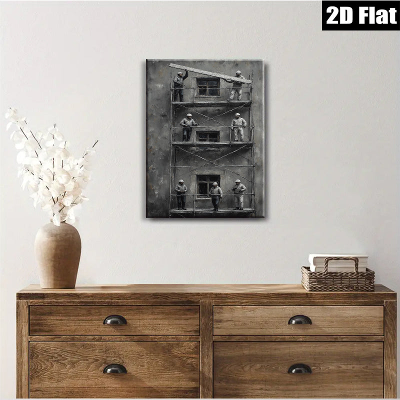 2D flat 1pc Workers on Scaffolding Industrial Cityscape Wall Art Modern Farmhouse Living Room Decor Gallery Wrapped Canvas Prints Bedroom Artwork Trending Now