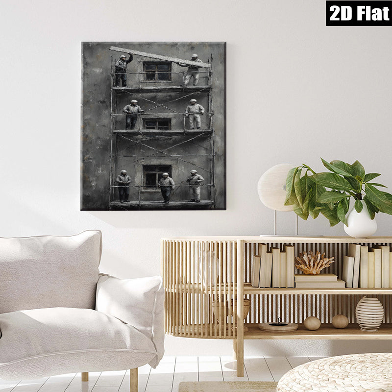 2D flat 1pc Workers on Scaffolding Industrial Cityscape Wall Art Modern Farmhouse Living Room Decor Gallery Wrapped Canvas Prints Bedroom Artwork Trending Now
